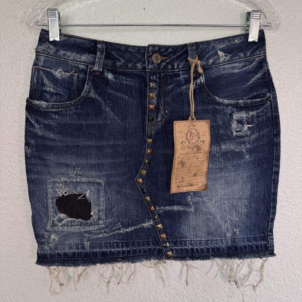 Prps Skirt Womens 28 Denim Mini Studded Distressed Frayed Hem Blue Japan NEW